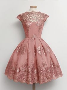 Traditional Pink Cap Sleeves Knee Length Lace Lace Up Quinceanera Court of Honor Dress