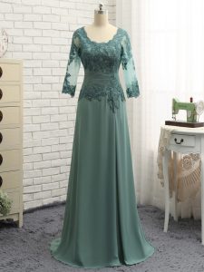 Smart Lace and Appliques and Ruching Mother Dresses Green Zipper Long Sleeves Floor Length