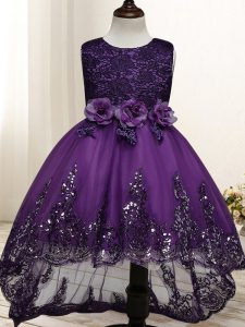 Sweet Lace and Appliques and Bowknot and Hand Made Flower Pageant Dress Womens Dark Purple Zipper Sleeveless High Low