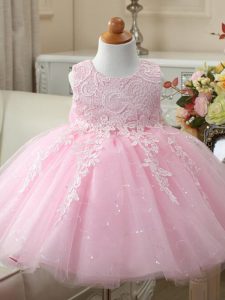 Pretty Sleeveless Tulle Knee Length Zipper Child Pageant Dress in Baby Pink with Appliques and Bowknot