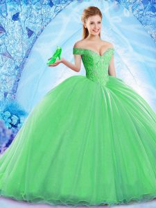 High End Lace Up Vestidos de Quinceanera Green for Military Ball and Sweet 16 and Quinceanera with Beading Brush Train