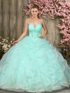 Customized Apple Green Ball Gowns Beading and Ruffles Vestidos de Quinceanera Lace Up Tulle Sleeveless Floor Length