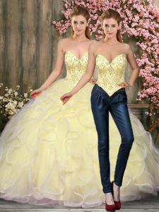Light Yellow Quinceanera Dress Military Ball and Sweet 16 and Quinceanera with Beading and Ruffles Sweetheart Sleeveless Lace Up