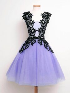 Custom Designed Straps Sleeveless Dama Dress for Quinceanera Knee Length Lace Lavender Tulle