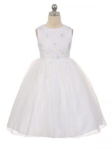 White Tulle Lace Up Scoop Sleeveless Knee Length Kids Formal Wear Beading