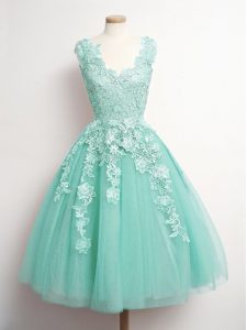 Custom Fit Sleeveless Lace Up Knee Length Appliques Quinceanera Court Dresses