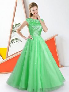 Low Price Green Tulle Backless Bateau Sleeveless Floor Length Quinceanera Court Dresses Beading and Lace