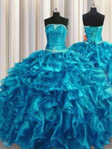 Organza Strapless Sleeveless Lace Up Beading and Ruffles 15th Birthday Dress in Teal