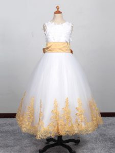 High Class Sleeveless Tulle Floor Length Lace Up Pageant Dresses in White with Appliques