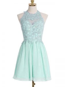 Custom Fit Apple Green Empire Appliques Dama Dress for Quinceanera Lace Up Chiffon Sleeveless Knee Length