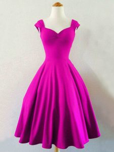 A-line Dama Dress for Quinceanera Fuchsia Straps Taffeta Sleeveless Knee Length Lace Up
