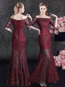 Mermaid Wine Red Lace Lace Up Off The Shoulder Half Sleeves Floor Length Mother of Bride Dresses Lace