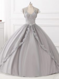 Grey Straps Lace Up Beading and Appliques Quinceanera Gowns Sleeveless