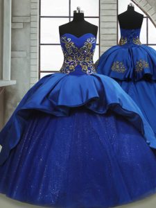 Royal Blue Lace Up Sweetheart Beading and Appliques 15 Quinceanera Dress Satin and Tulle Sleeveless Sweep Train