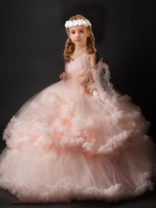 Excellent Sleeveless Hand Made Flower Criss Cross Kids Formal Wear with Pink Brush Train