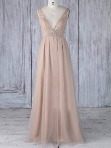 Attractive Peach Zipper Quinceanera Dama Dress Lace Sleeveless Floor Length