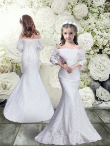 Fashionable White Lace Up Off The Shoulder Lace Flower Girl Dresses Lace 3 4 Length Sleeve