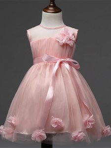 Tulle Scoop Sleeveless Zipper Hand Made Flower Little Girls Pageant Dress in Pink