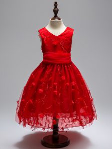 Cute Ball Gowns Little Girls Pageant Dress Wine Red V-neck Tulle Sleeveless High Low Zipper