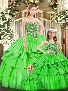 Latest Floor Length Lace Up 15 Quinceanera Dress Green for Military Ball and Sweet 16 with Beading and Ruffled Layers