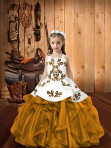 Embroidery and Ruffles Pageant Dress for Girls Brown Lace Up Sleeveless Floor Length