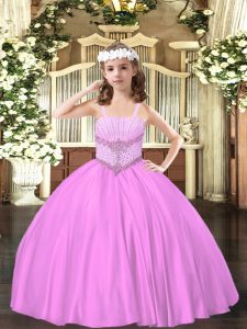 On Sale Sleeveless Satin Floor Length Lace Up Little Girls Pageant Dress in Lilac with Beading
