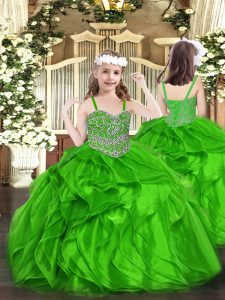 Nice Beading and Ruffles Little Girl Pageant Gowns Green Lace Up Sleeveless Floor Length