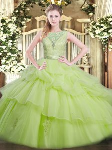 Amazing Yellow Green Scoop Neckline Beading and Ruffled Layers Ball Gown Prom Dress Sleeveless Backless