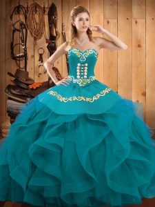 Dynamic Teal and Turquoise Sleeveless Embroidery and Ruffles Floor Length Ball Gown Prom Dress