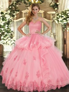Dynamic Watermelon Red Sleeveless Beading and Appliques and Ruffles Floor Length Ball Gown Prom Dress