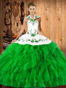 Ball Gowns Ball Gown Prom Dress Green Halter Top Satin and Organza Sleeveless Floor Length Lace Up