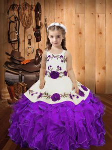Straps Sleeveless Pageant Gowns For Girls Floor Length Embroidery and Ruffles Eggplant Purple Organza