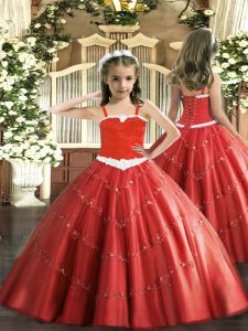 Best Red Lace Up Little Girl Pageant Dress Appliques Sleeveless Floor Length