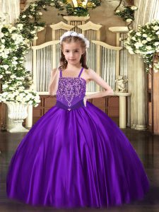 Elegant Purple Ball Gowns Satin Straps Sleeveless Beading Floor Length Lace Up Kids Formal Wear