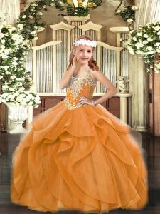 V-neck Sleeveless Tulle Little Girl Pageant Dress Beading and Ruffles Lace Up
