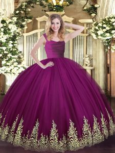 Fashion Fuchsia Zipper Straps Lace and Appliques Quince Ball Gowns Tulle Sleeveless