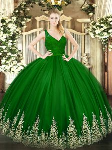 Fine Floor Length Green Sweet 16 Dresses V-neck Sleeveless Backless