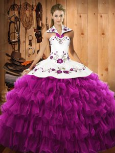 Graceful Floor Length Fuchsia Sweet 16 Quinceanera Dress Halter Top Sleeveless Lace Up