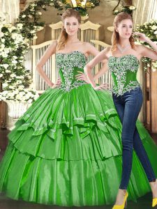 Inexpensive Strapless Sleeveless Lace Up Sweet 16 Dresses Green Tulle