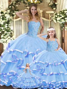 Floor Length Lavender Quinceanera Dress Organza Sleeveless Beading and Ruffled Layers