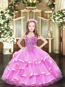 Lilac Lace Up Pageant Dress for Teens Beading and Ruffled Layers Sleeveless Floor Length