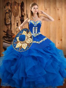 Embroidery and Ruffles Quinceanera Gowns Blue Lace Up Sleeveless Floor Length