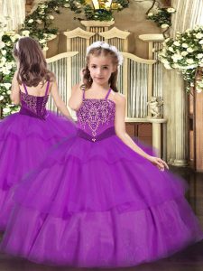 Purple Sleeveless Organza Lace Up Custom Made Pageant Dress for Party and Quinceanera