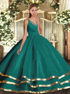 Hot Selling Turquoise Ball Gowns Ruching Quinceanera Gowns Backless Tulle Sleeveless Floor Length