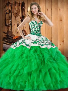 Sleeveless Floor Length Embroidery and Ruffles Lace Up Quinceanera Dress with Green