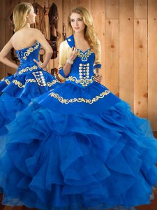 Pretty Sweetheart Sleeveless Ball Gown Prom Dress Floor Length Embroidery and Ruffles Blue Satin and Organza