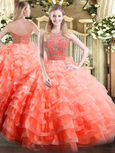 Floor Length Orange Red Quince Ball Gowns Organza Sleeveless Beading and Ruffled Layers