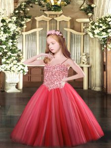 High End Tulle Spaghetti Straps Sleeveless Lace Up Appliques Little Girls Pageant Gowns in Coral Red
