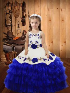Simple Royal Blue Straps Neckline Embroidery and Ruffled Layers High School Pageant Dress Sleeveless Lace Up