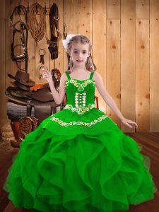 Floor Length Green Little Girls Pageant Dress Wholesale Organza Sleeveless Embroidery and Ruffles